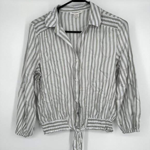 Beach Lunch‎ Lounge Sage Green Stripe Blouse Size XS Tie Front - Picture 1 of 7